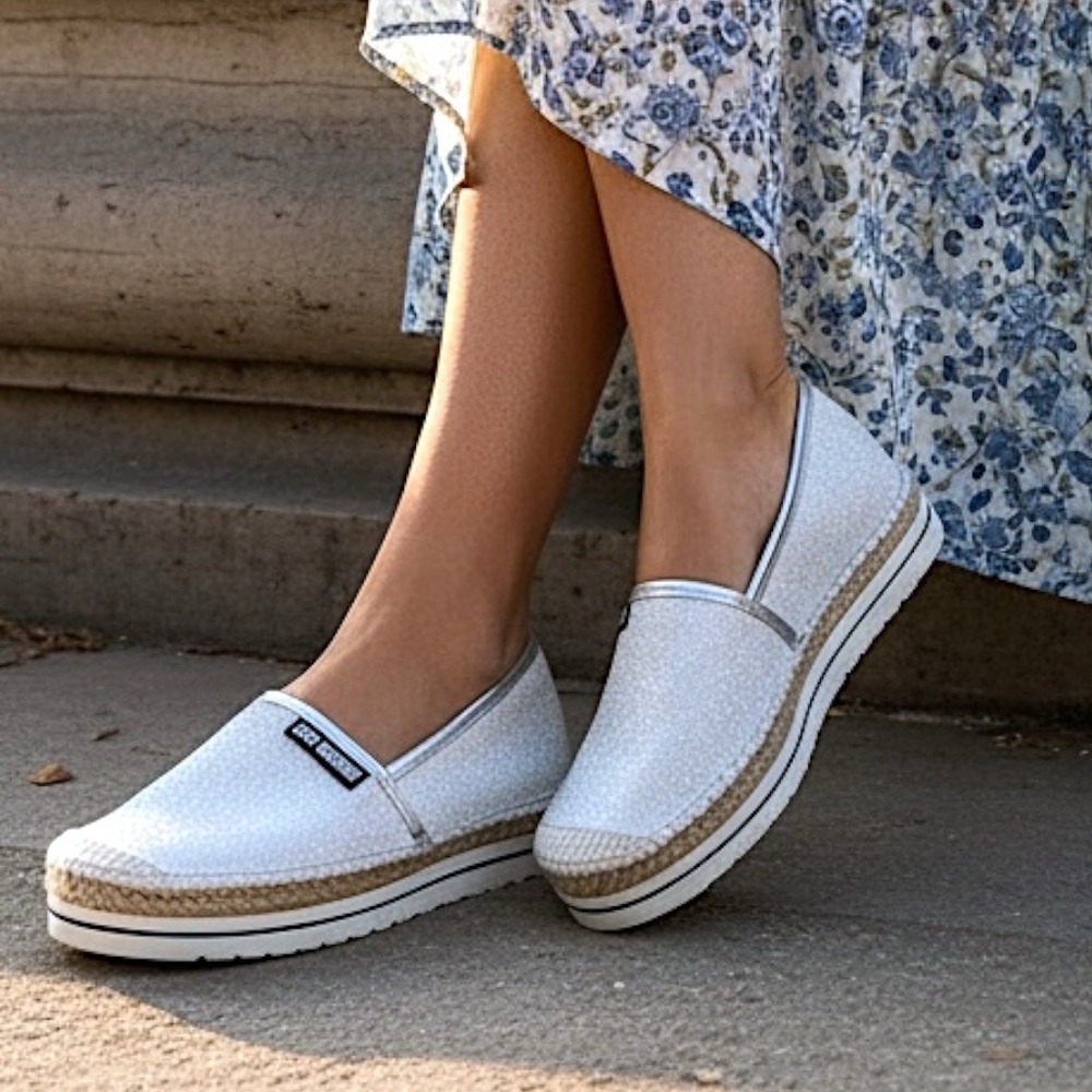 Love Moschino White Glitter Espadrille Platform Slip On Loafers Silver Women's 6